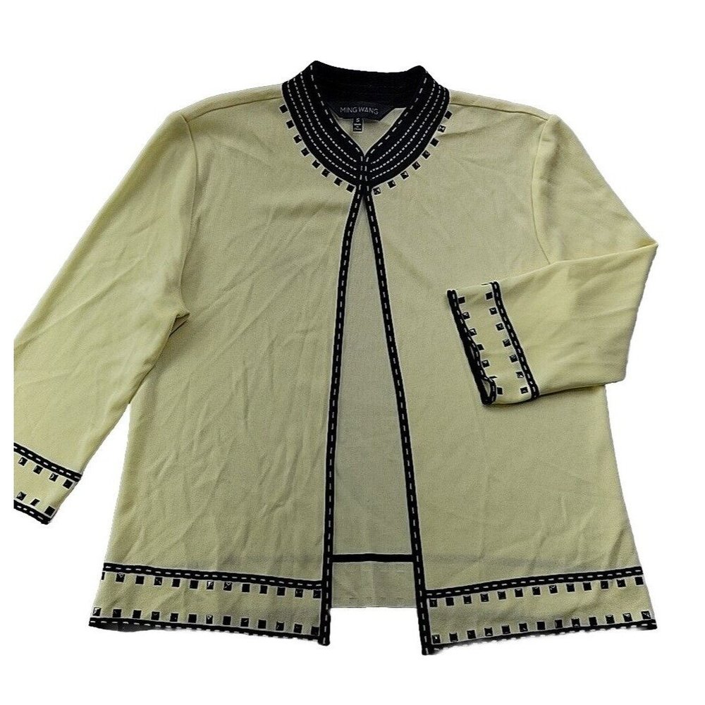 Ming Wang Cardigan Jacket Beaded Pale Yellow Black Acrylic Mandarin Collar S
